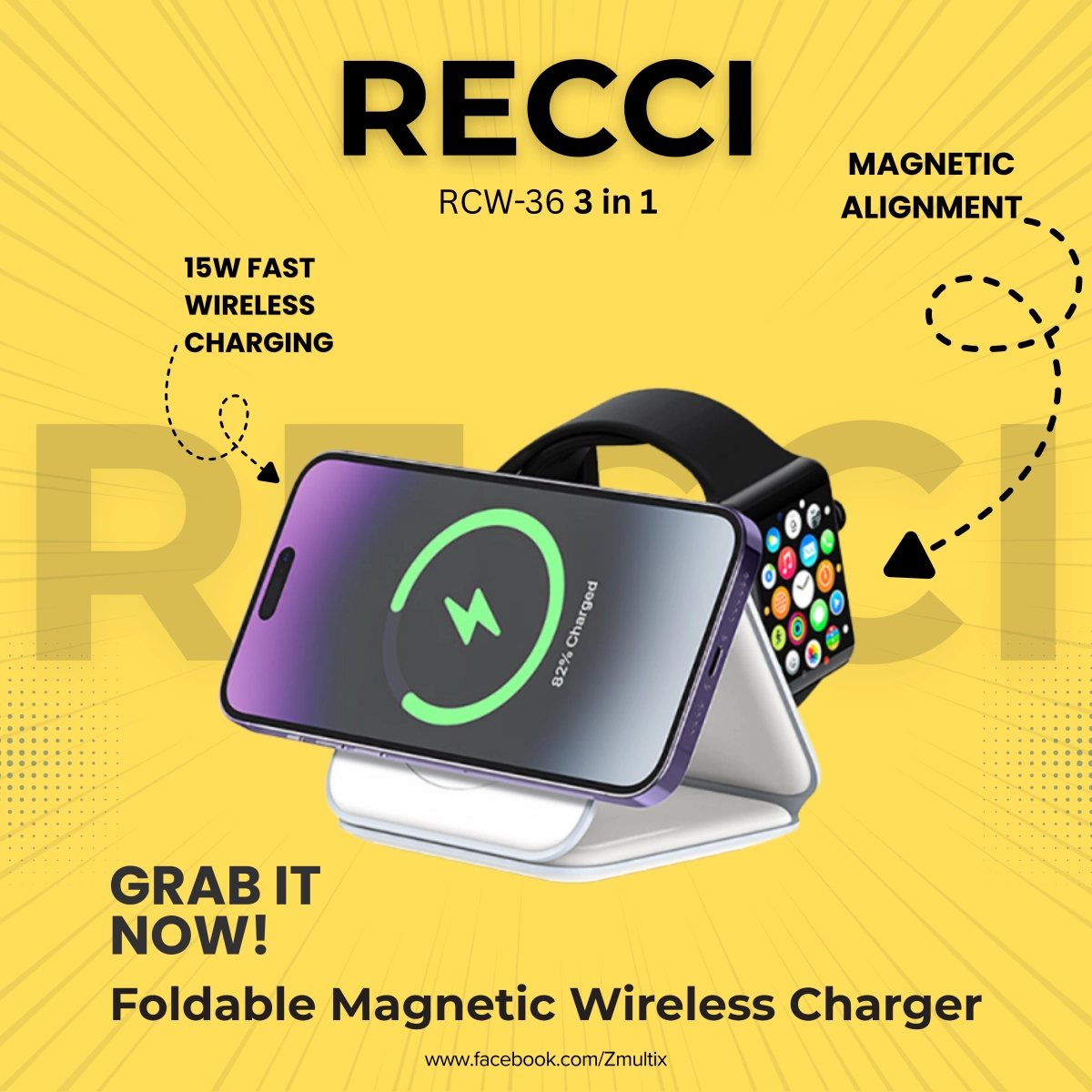 RECCI RCW-36 3-in-1 Wireless Charging Station Fast Charger